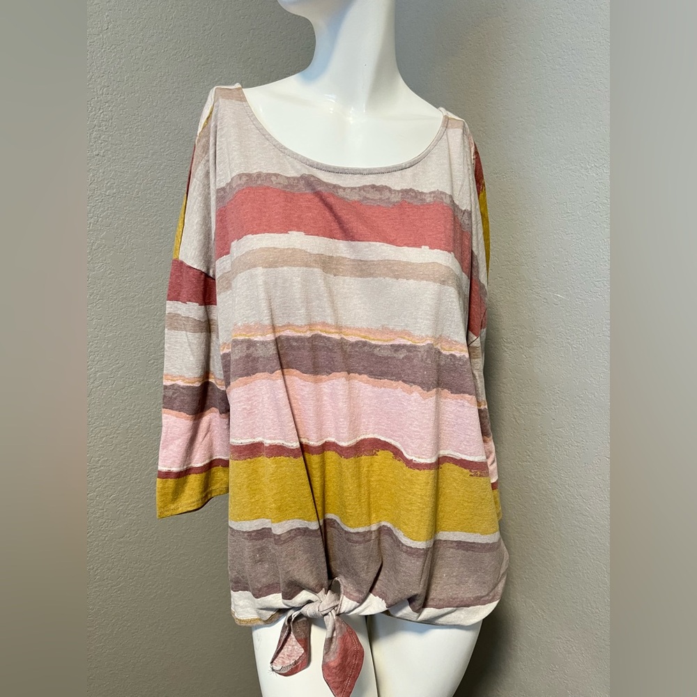 Truself LS Plus Women’s Multicolor Striped Tie-Waist 3/4 Sleeves  Top Size 2X